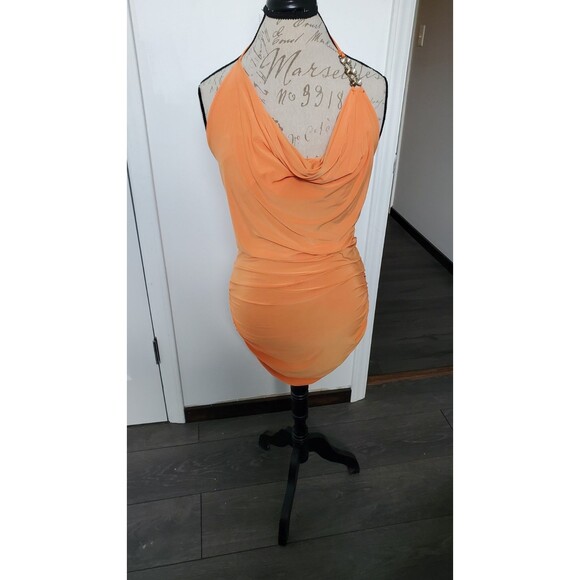 VINTAGE Y2K FANY D USA M Orange Bodycon Halter Going Out Mini Dress Ruched Club - Picture 2 of 6